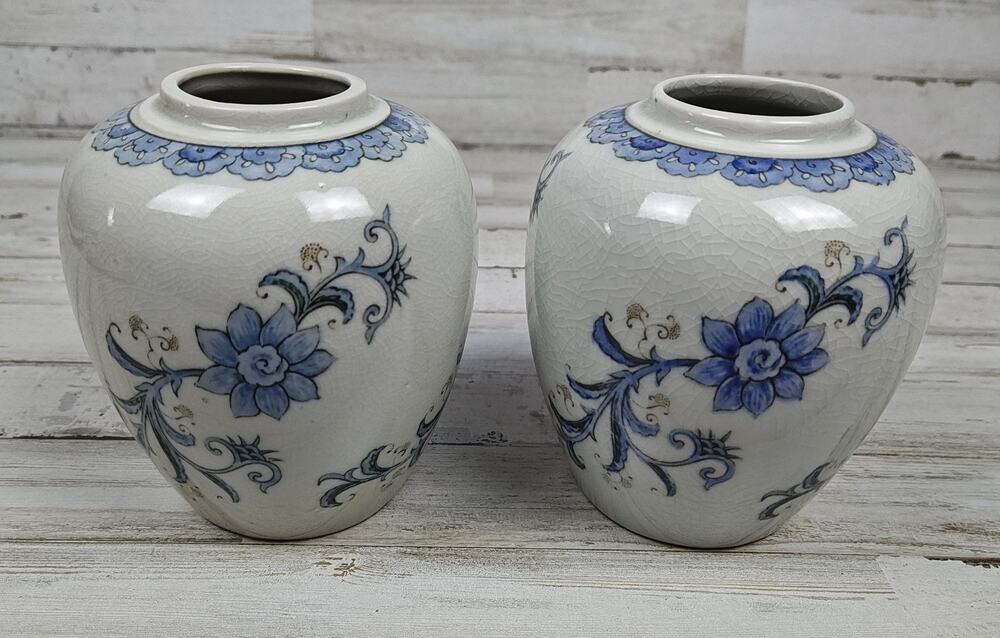 Andrea by Sadek Blue Floral Ginger Jar Vases Pair Japan White Porcelain No Lids